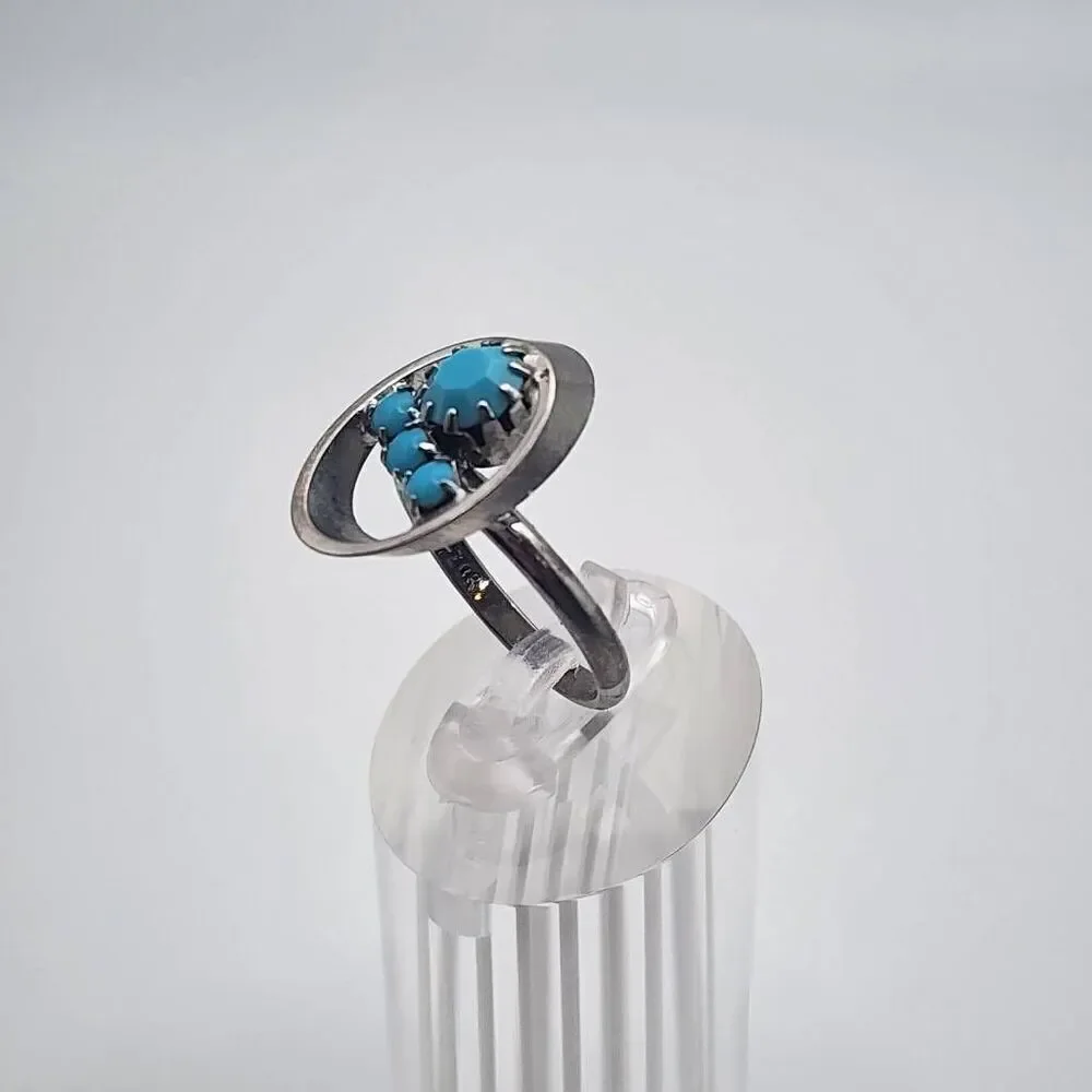 Vintage Ram-Zor Turquoise Rhinestone Silver Tone Adjustable Ring